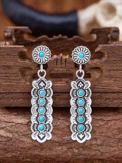 MONLOTTI Retro Bohemian Western-Style Long Striped Carved Turquoise Earrings Are Available In Pink, Turquoise And . They Are Suitable For Daily Gatherings And Festival Outfits, And Are Retro And Fashionable Jewelry Gifts For Women
