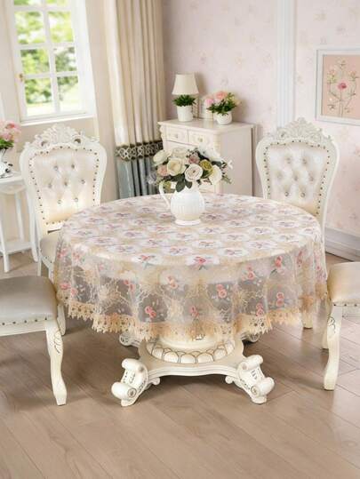 HXARTMIS 1pc Elegant Lace Floral Embroidered Round Tablecloth, Rectangular Tablecloth, Rectangular Dining Table Protector Cover, Square Tablecloth, Embroidered Edged Round Tablecloth