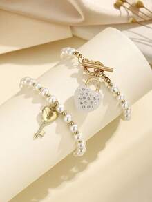 2pcs Minimalist Heart Lock Couple Bracelets, Original Design - White - View 1