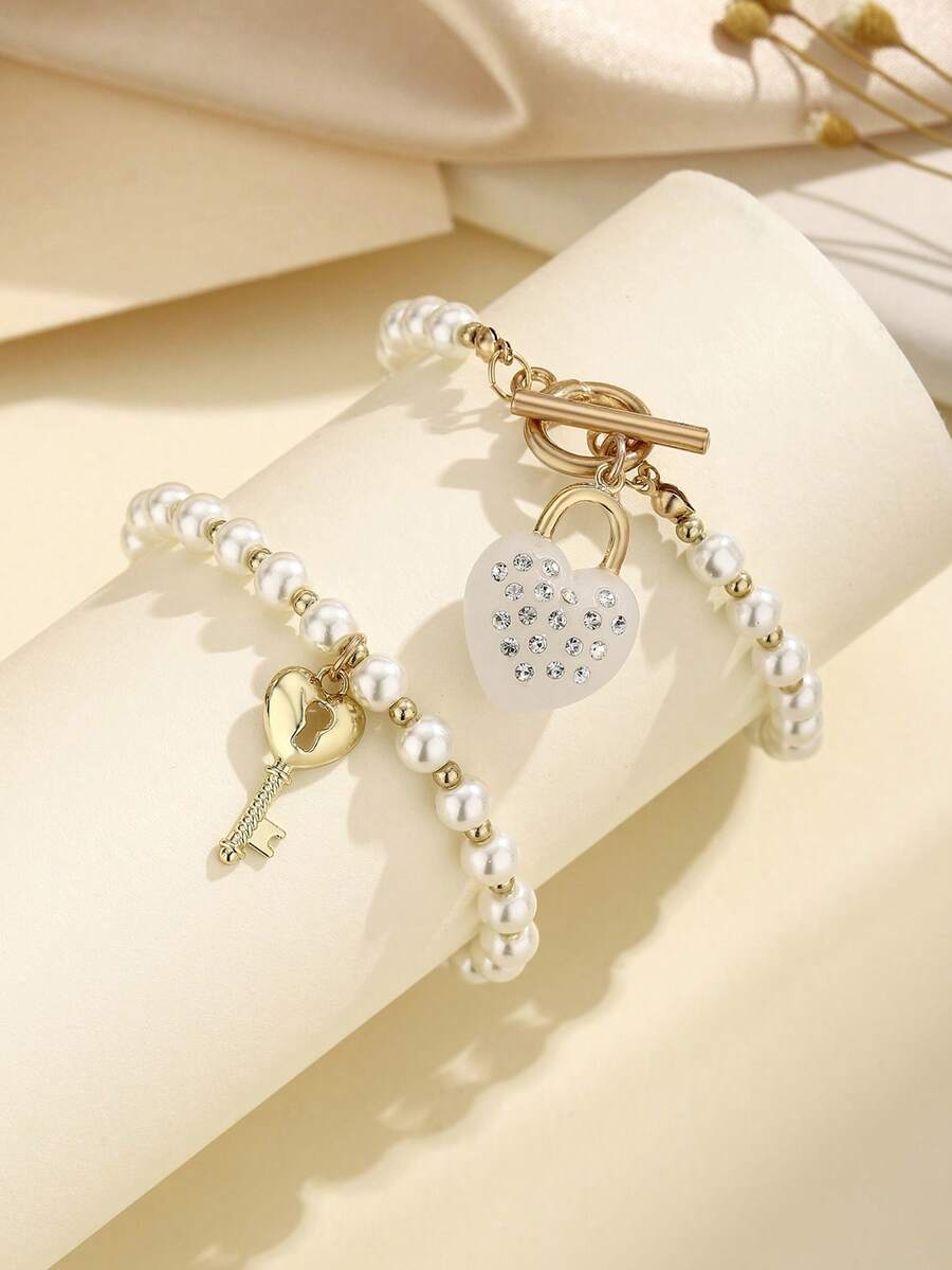 2pcs Minimalist Heart Lock Couple Bracelets, Original Design - White - View 1