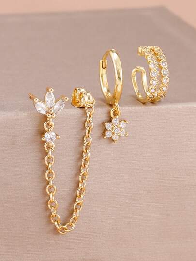3pcs Exquisite Zirconia Flower 18K Gold Plated Tassel Chain Stud Earrings For Women Simple Piercing Earrings Ear Clip Fashion Jewelry