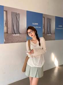 法式薄纱V领宽松防晒长袖T恤上衣，夏季 - 白色 - 查看 4