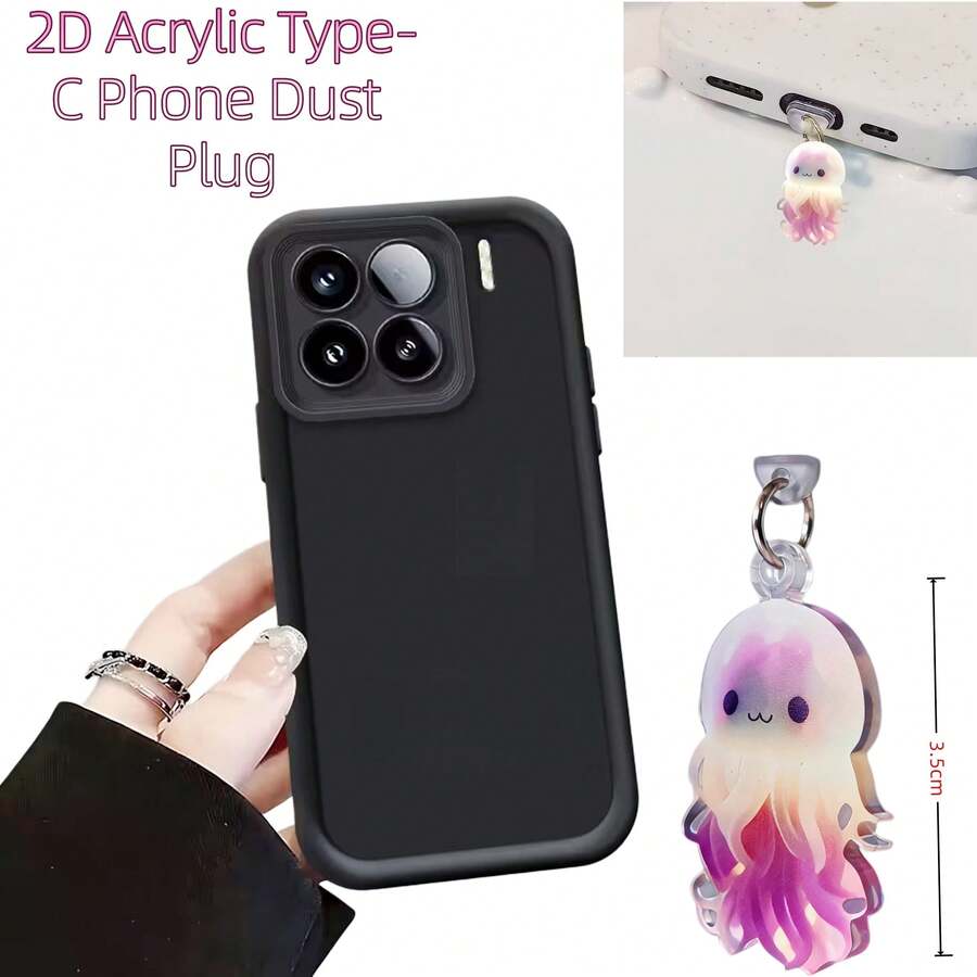 Bộ 1 ốp lưng điện thoại dày màu đen & nút bịt cổng Type-C chống bụi hình bạch tuộc 2D dễ thương bằng acrylic, tương thích với các dòng điện thoại 15c 171 (EU)/Poco C85/15c 4G 173 (EU)/A5 (173mm)/A5/15T/15T PRO/Note 14 Pro+ 5G/Note 14/Poco X6/Note 13 Pro 5G/Poco M7/, cũng tương thích với các dòng điện thoại khác. - màu đen - Xem 1