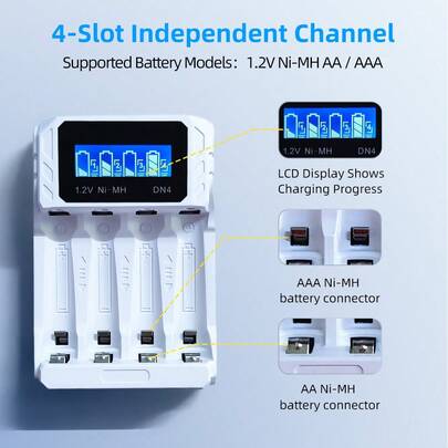 DN4 四槽独立液晶显示快速充电器：充电状态一目了然。这款家用电池充电站可同时或单独为 4 节 AA 或 AAA 镍氢/镍镉电池充电。