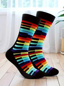 1 Pair Women's Musical Piano Key Graphic Mid-Calf Socks, Casual Music Themed Socks Suitable For Daily Wear - Multicolor - View 1