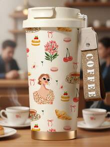 复古法式保温旅行杯，配有咖啡提手，保冷12-24小时，保温6-12小时，500毫升防漏可重复使用咖啡壶，适合办公室、旅行、户外野餐——女士时尚礼物 - 彩色 - 查看 1