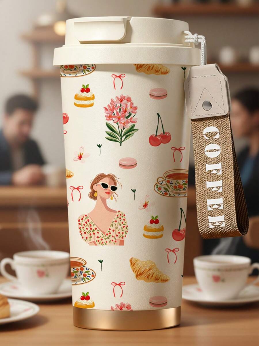 复古法式保温旅行杯，配有咖啡提手，保冷12-24小时，保温6-12小时，500毫升防漏可重复使用咖啡壶，适合办公室、旅行、户外野餐——女士时尚礼物 - 彩色 - 查看 1