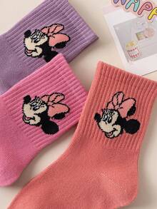 Disney 3/6 Pairs Mouse Kids Crew Socks, Cute Cartoon Pink Purple Spring Summer Mid-Calf Socks For Girls - Multicolor - View 5