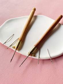 3pcs Stainless Steel Tambour Hook Set - 1 Set With Wooden Handle & 3 Hooks, Suitable For French Beading, Sequin Embroidery Craft Tools - French Crochet - View 1