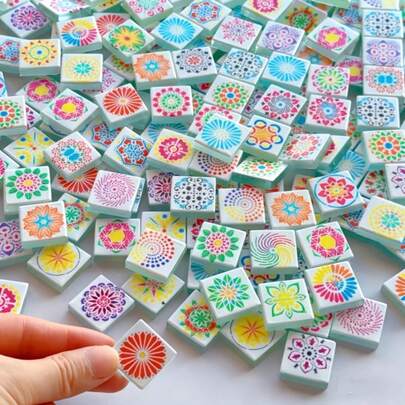 100g/200g Dopamine Color Glass Mandala Mosaic Tiles, 2.3*2.3CM Sprayed Elephant Flower Pattern Mosaic Pieces, Suitable For DIY Art Creation, Wall Stair Inlay Landscaping, Jewelry Pendant Making, Desktop Home Decor