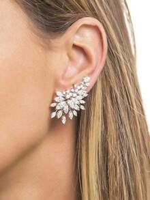 一对优雅闪亮水钻叶形耳钉，时尚独特的女士耳环 - 銀色 - 查看 5