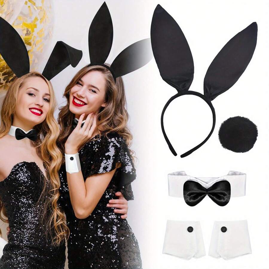 5件套兔耳朵头箍，适合万圣节派对、复活节派对的兔女郎装扮道具 - 彩色 - 查看 1