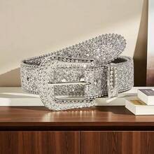 1pc Unisex Rhinestone Embellished Belt, Suitable For Party And Daily Wear - Silver - View 5