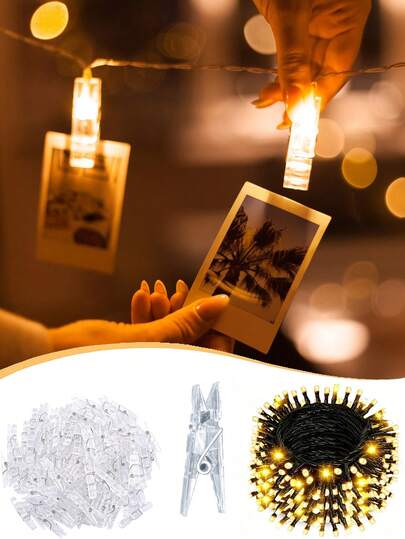 Yellow Photo Clip String Lights Outdoor Waterproof LED Strip With Black Wire And Clear Clips Features Timer And Waterproof Function Ideal For Photo Display, Bedroom Decor, Wedding Parties, Holiday Celebrations, Valentine's Day, And Theme Party Decorations