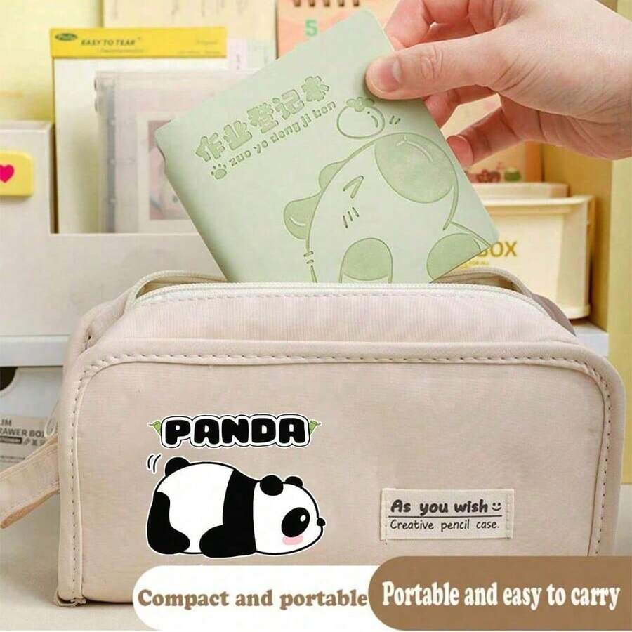 熊猫可爱大容量铅笔盒，便携式文具包，旅行洗漱包，笔筒，马克笔收纳盒，化妆包，桌面收纳包，可水洗文具礼盒，返校必备 - 多色 - 查看 1