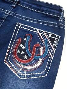 Women's Plus-Size Western Cowboy Style Horseshoe Embroidered Jeans, Featuring Zippered Pockets And Button Details, Suitable For Stage Performances, Concerts, Holidays, School Holidays, The Office, Home Wear, And Autumn/Winter Wear. Embroidered Pocket Flared Jeans, Slimming And Hip-Lifting, Vintage Washed American Casual Style, Solid Color, Zippered Pockets, High-Waisted Slim-Fit Flared Jeans, Horseshoe American Flag Pattern. Vintage Distressed High-Waisted Slightly Flared Jeans. - Rửa tối - Xem 6