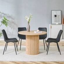 Minimalist Dining Set Consisting Of A Round Table And Four Chairs. Round Dining Table In MDF, 100 Cm In Diameter, With A Light Wood Finish. Four Matching Chairs Upholstered In Black Faux Leather. - Black - View 9