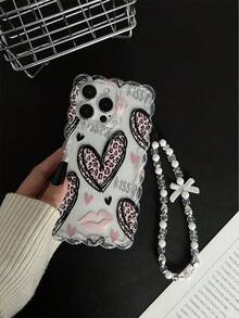 Braided Wavy Edge Minimalist Elegant TPU Leopard Print Heart Painted Shockproof Phone Case With Beaded Bracelet Accessory, Compatible With IPhone 17pro/17Air /17/17promax 16/11/16pro/16plus/16promax/16e/15Promax/13/14/12/XS/XR/7G/8PXR /7/8, 15Promax, 13, 14, Soft TPU Protective Case - Multicolor - View 4
