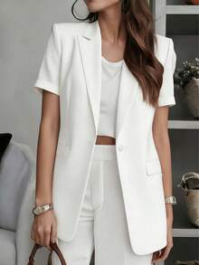 Women's Short Sleeve Solid Color Blazer Jacket, With Collar, Front Button And Pockets, Multifunctional Business Casual Coat, Suitable For Office, Commuting, Home And Daily Wear, Spring/Summer/Autumn - White Short-sleeved Shirt - View 3