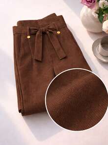 Women's Skinny Linen High-Waisted Trousers With Slash Pockets And Front Tie – Elegant Formal Style, Modern Tailoring, Chic Fitted Cut For Work, Events, And Sophisticated Casual Fashion Looks - 鏽棕色 - 查看 2