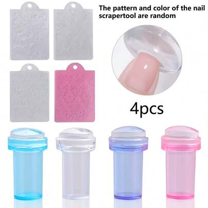 4pcs Colorful Nail Set, Silicone Nail Stamp Kit - Salon-Quality Tip Manicure Tool, Nail Scraper Style Randomly Sent, Nail Art Accessories Kit