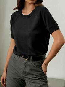 GIGOGOU 女士基础款休闲短袖针织T恤，夏季黑色 - 黑色 - 查看 2