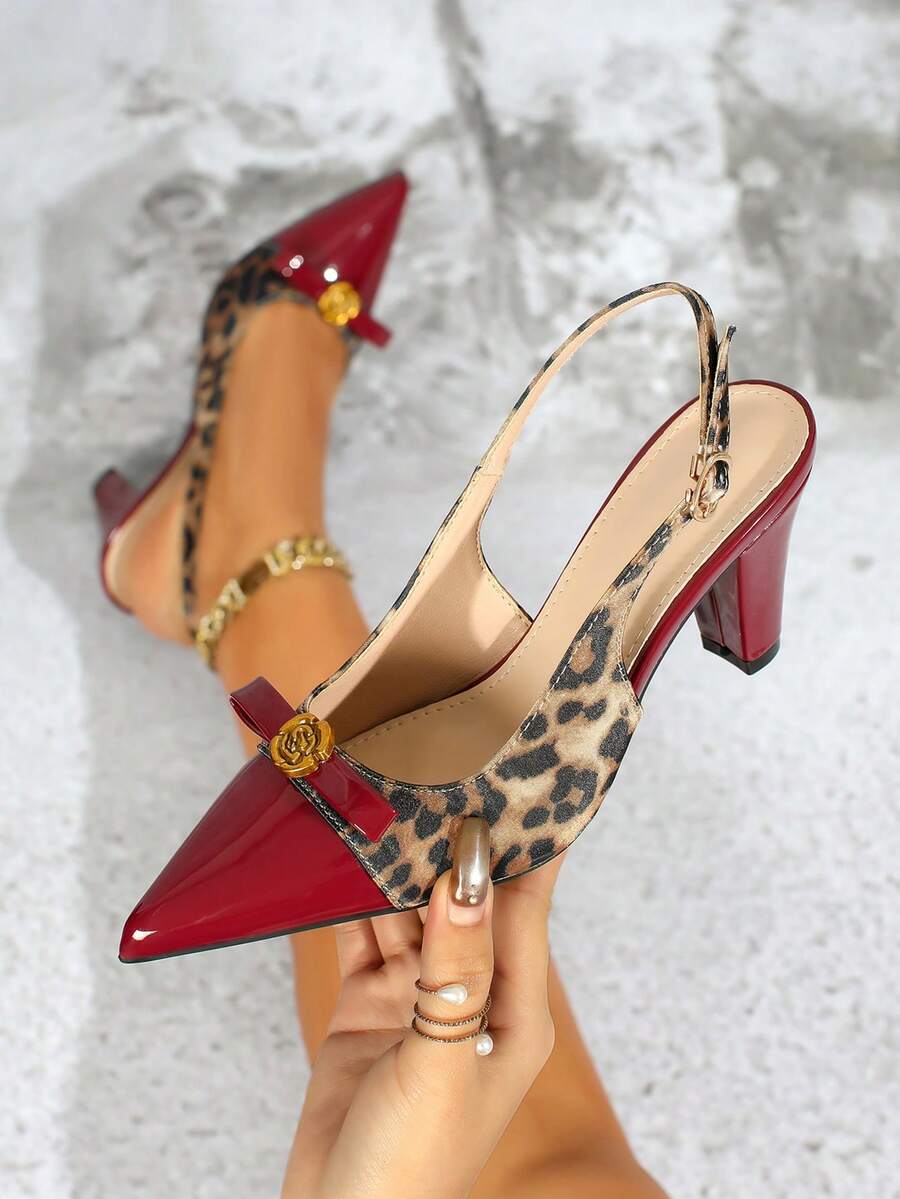 Women's High Heel Sandals, Thick Heel Hollow One-Strap Peep Toe Bowknot Pointed Toe Fashion Shoes - Burgundy - View 1