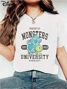 Disney Authentic Cute Monster Print, Soft And Skin Friendly Elastic Casual Short Sleeved Top, Fashionable Short Sleeved Round Neck T-Shirt, Women's Clothing - trắng - Xem 2