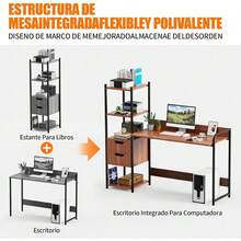 Escritorio con 2 Cajones y 4 Estantes, Almacenamiento Máximo & Diseño Minimalista, Oficina en Casa/Hogar, Orden Garantizado - Negro - Ver 2