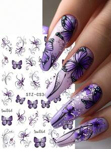 2 piezas Elegantes calcomanías de mariposas 3D moradas, diseño minimalista de mariposas y flores para arte de uñas, accesorios de uñas con insectos y plantas para primavera/verano - Multicolor - Ver 4
