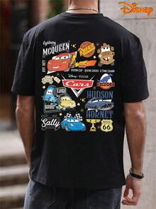 Disney Men's Casual T-Shirt, Cars Character Badge All-Over Print, Nostalgic Cartoon Design, Comfortable Fit, Perfect For Disney Fans & Casual Outfits - màu đen - Xem 1