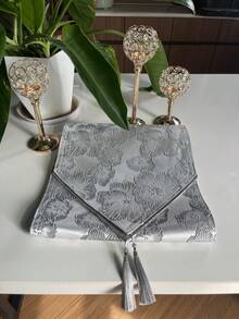 HXARTMIS 1pc Elegant Grey 3D Jacquard Table Runner, Vintage Floral Embossed Tassel Table Runner, Modern Luxury Dining Table Decor Suitable For Restaurant, Home Decoration - Grey - View 6
