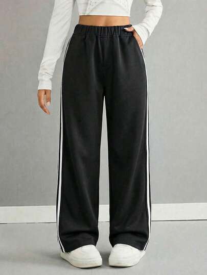 1pc Girls & Teens' Casual Loose Straight Leg Sweatpants, Vertical Striped, Suitable For Home, Commute, School, Outdoor Activities, Parties, Street Style, Spring/Summer