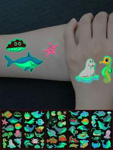 Glow-In-The-Dark Ocean Creatures Temporary Tattoos Stickers - 5 Sheets With 55 Cute Cartoon Fish, Shark, Whale, Dolphin, Turtle, Seahorse, Octopus & Starfish Designs - Perfect For Birthday Parties & Fun Art Projects - Multicolor - View 3