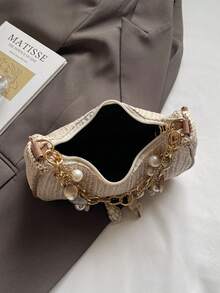 百搭夏季沙滩新款时尚草编复古法棍腋下包，简约艺术单肩手提包，女士 - 卡其色 - 查看 8