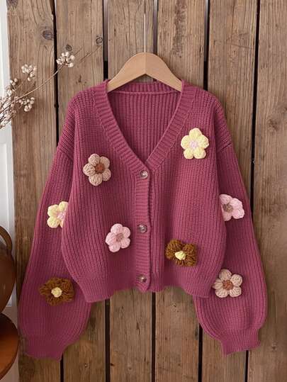 Kayısı Kontrast Renkli 3D Çiçek Desenli Örgü Hırka, Kadınlar İçin Bol Kesim V Yaka Kısa Model Canlandırıcı Kazak, Macaron 3D Çiçek Desenli Örgü Hırka, Randevular ve Günlük Kullanım İçin Çok Yönlü Üst, Günlük ve Randevular İçin Sevimli ve Tatlı