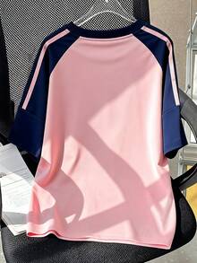 Summer New Fashion, Girl's Contrast Color Short Sleeve T-Shirt, Casual Funny Pattern Top, Suitable For School/Sports/Outdoor Activities - Pink - View 3
