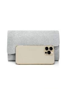 Bolso de noche de mujer con diseño de sobre plateado, bolso de mano para fiesta/boda con correa de hombro con cadena, embrague de terciopelo de moda - Plateado - Ver 2