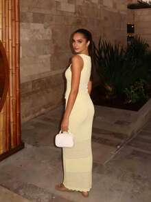 FOR BEAUTY Spring/Summer New Arrival Women's Solid Yellow Knit Two Pieces Set Wavy-Hem Youthful Knit Cardigan Paired With Long Knit Skirt With Belt Elegant Vacation-Ready Style, Perfect For Beach Getaways And Everyday Outings Vacation Set, Women's Summer Clothing, Women's Vacation Outfits, Women's Beachwear - Yellow - View 6