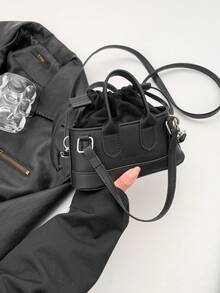 Fashionable Solid Color PU Drawstring Mini Handbag, Metallic Color Crossbody Shell Bag For Women - Black - View 11