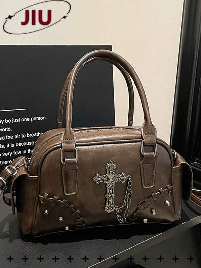 Y2K十字铆钉PU软皮女士单肩包；朋克铆钉金属链条手提包；酷炫摩托车斜挎包。