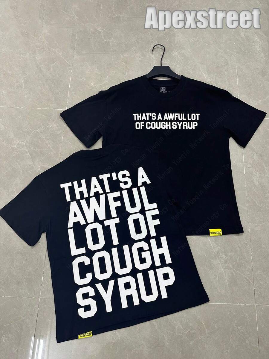 Awful Lotta Cough Syrup,100% Cotton Printed T-Shirt,Stylish Design, Men's Graphic T-Shirt, Minimalist Design, Vintage Casual Style, Hip-Hop Style. Suitable For Outdoor Leisure Activities, Family Gatherings, And Dinners With Friends. - 黑色 - 查看 1