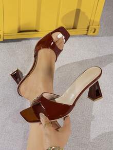 女士酒红色方头套脚优雅婚礼派对性感个性化休闲时尚百搭不对称高跟凉鞋 - 酒紅色 - 查看 2