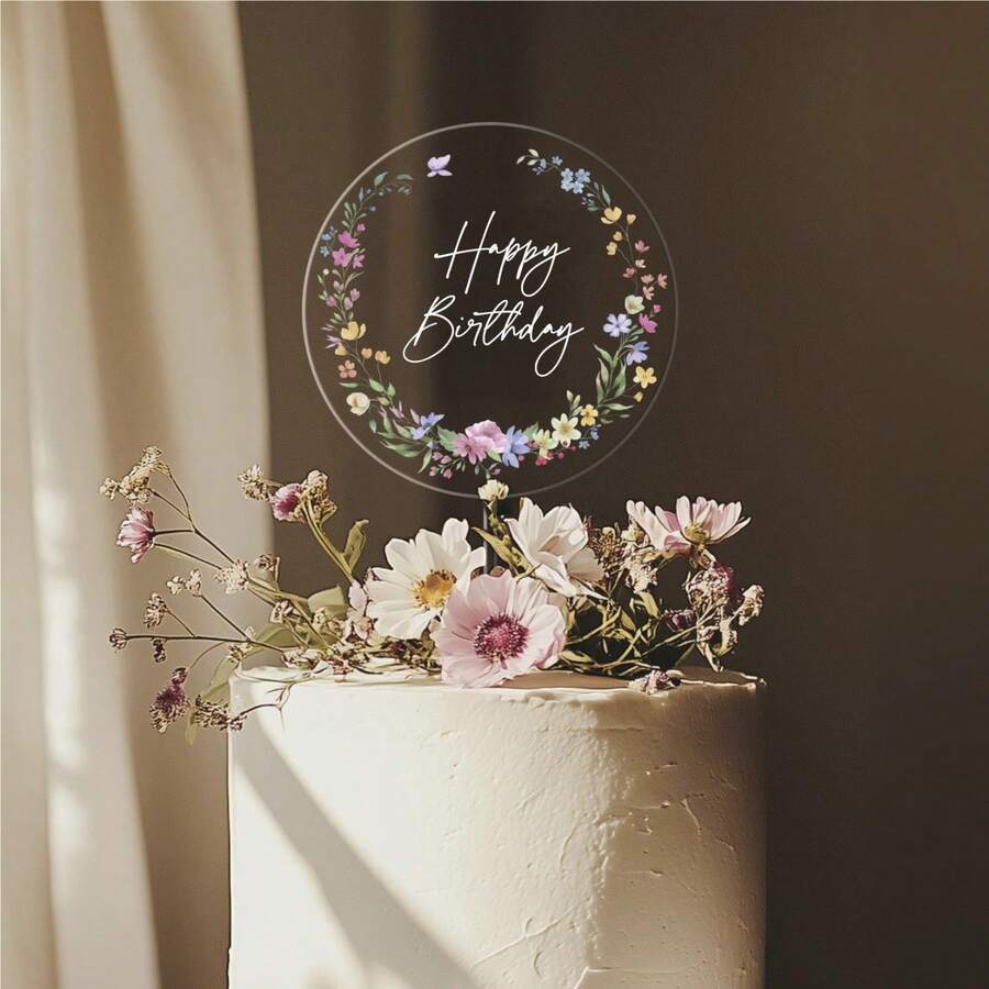 1件/3件/6件装透明亚克力生日蛋糕装饰品,花环和心形蛋糕插牌,生日派对甜点装饰用品 - 多色 - 查看 1