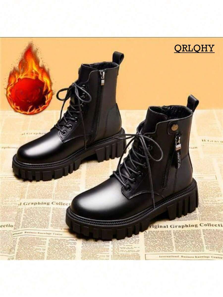 Giày bốt ngắn đế dày lót nhiệt cho nữ, ấm áp cho mùa thu/đông, giày bốt đi xe máy phong cách Anh - màu đen - Xem 1