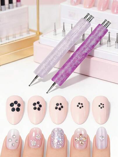 1pc Dual-Ended Flower Nail Art Dotting Pen, Nail Art Tool For Painting, Sculpture, Rhinestone Decoration, Suitable For DIY Nail Salon