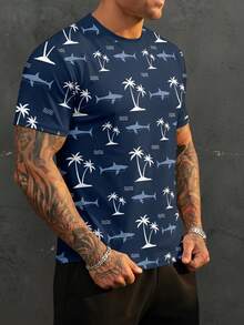Men's Coconut Tree & Shark All-Over Print Drop Shoulder Short Sleeve T-Shirt, Suitable For Summer - Multicolor - View 3