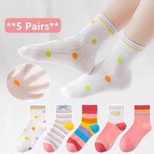 5 Pairs 2026 Spring/Summer New Kids' Mesh Socks, Girls' Breathable Heart & Rainbow Mid-Calf Socks, Middle School Students' Sports & Campus Versatile Socks, Summer Little Girls' Heart & Rainbow Stripe Thin Breathable Socks, Back To School Essential - Multicolor - View 3