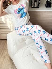 史迪奇印花两件套睡衣套装，卡通印花女士短袖长裤睡衣套装 - 彩色 - 查看 5