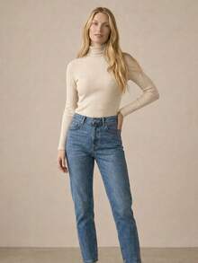 Women's Ribbed Turtleneck Sweater With Medium Neckline And Long Sleeves, Second-Skin Style, Simple And Casual. - Rượu sâm banh - Xem 5